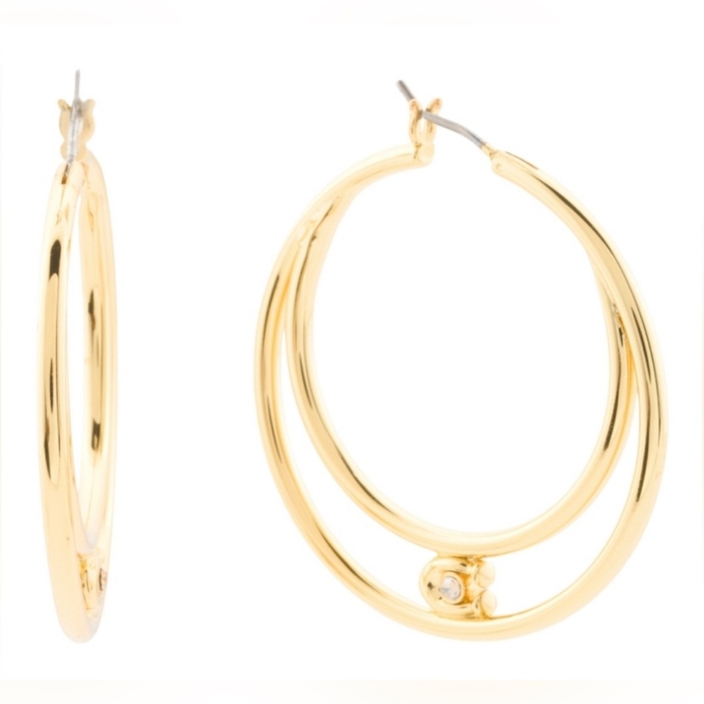 NWT COACH Women's Signature Double Hoop Gold Earrings with Cubic Zirconia Detail - Picture 2 of 13